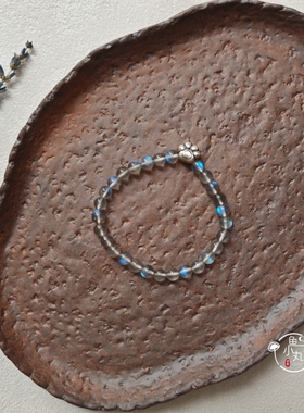 天然蓝光灰月光石手串足银猫爪