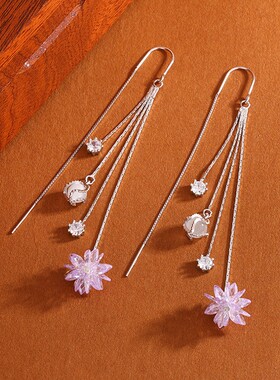 s925纯银长款紫色冰花猫眼石耳环