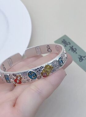 招财猫吉言手镯女士加宽实心精美雕刻多元素珐琅中式高级可爱送礼