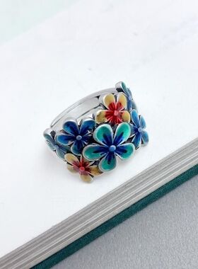 珐琅戒指繁花似锦花朵大气银戒景泰蓝复古民族风纯手工指环