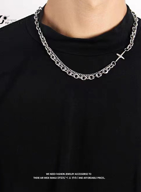 yu原创设计新潮叠戴方牌钛钢项链