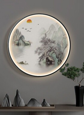 流水生财玄关装饰画高级圆形灯画