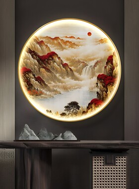中古风圆形山水玄关壁画