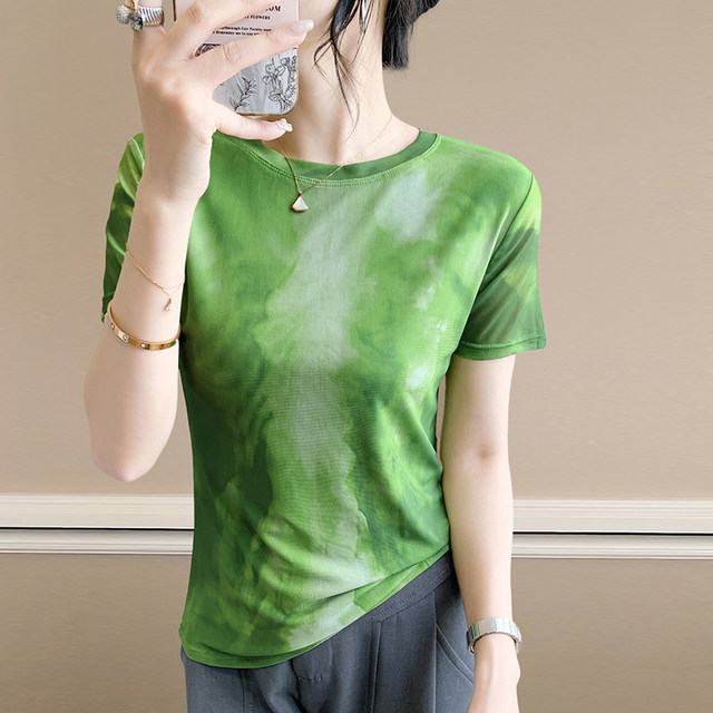 Fashionable gauze tie-dye printed green short-sleeved T-shirt for women