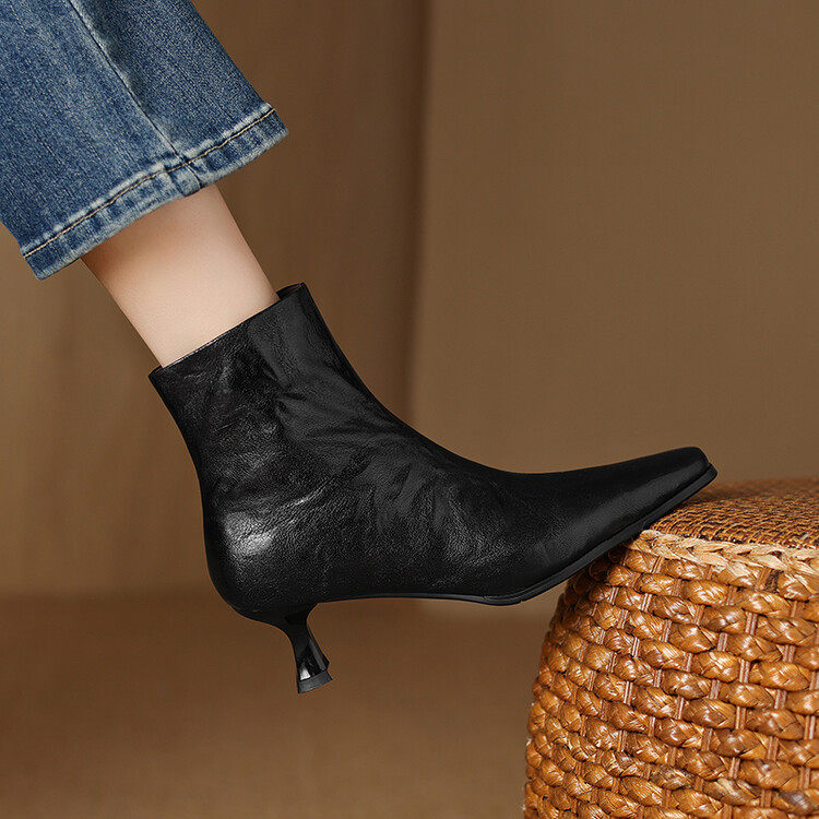 法式复古小方头猫跟气质羊皮及裸靴2024冬时尚气质简约舒适短筒靴,淘宝优惠券,粉丝福利购,淘宝优惠卷