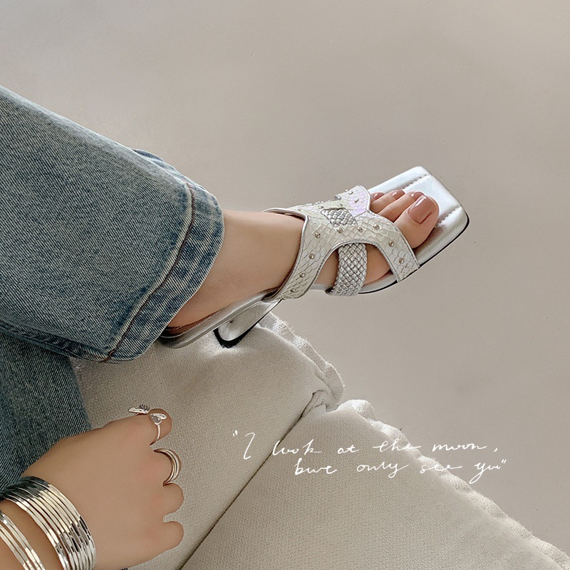 5cm高跟异型跟露趾凉拖鞋女室外穿百搭一字拖夏季新款时尚 - 图1