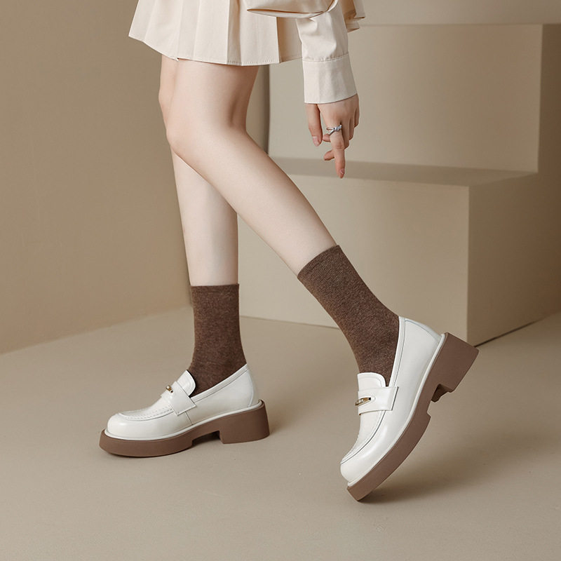 学院风~ins真皮一脚蹬乐福鞋女2023新款秋季英伦风小皮鞋厚底单鞋,淘宝优惠券,粉丝福利购,淘宝优惠卷