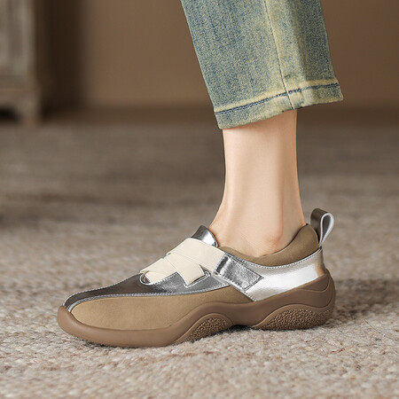 2024春新款真皮厚底圆头金色乐福鞋女休闲坡跟松糕底拼色懒人单鞋,淘宝优惠券,粉丝福利购,淘宝优惠卷