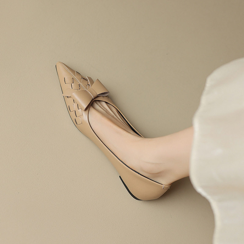 复古蝴蝶结尖头单鞋女粗跟2023夏新软皮真皮中跟豆豆鞋3cm,淘宝优惠券,粉丝福利购,淘宝优惠卷