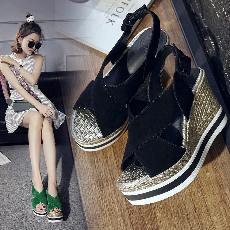 2024夏新款欧洲站真皮厚底坡跟磨砂一字扣超高跟罗马松糕鞋凉鞋女,淘宝优惠券,粉丝福利购,淘宝优惠卷