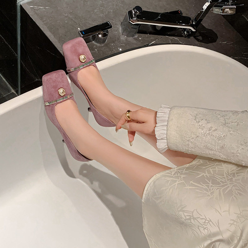 气质名媛方头高跟鞋女2024新款春秋羊皮珍珠水钻单鞋配裙子不累脚,淘宝优惠券,粉丝福利购,淘宝优惠卷