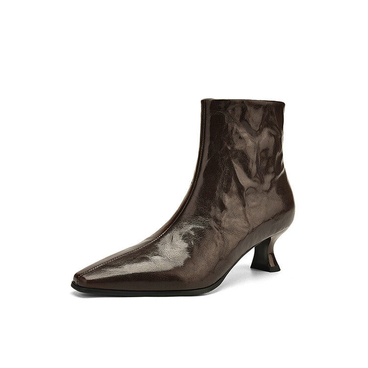 法式复古小方头猫跟气质羊皮及裸靴2024冬时尚气质简约舒适短筒靴,淘宝优惠券,粉丝福利购,淘宝优惠卷