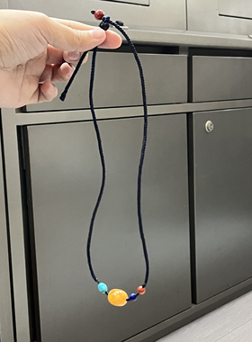 天然鸡油黄蜜蜡枣珠手工编绳项链配了南红青金石蒙古绿松石锁骨链