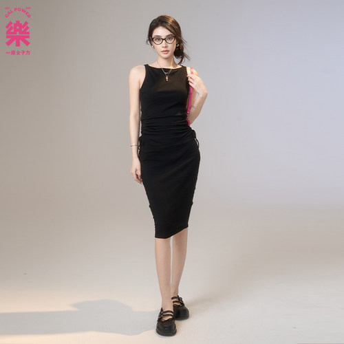 【限时立减】高智感·姐系office siren抽绳褶皱带胸垫连衣裙女 - 图1