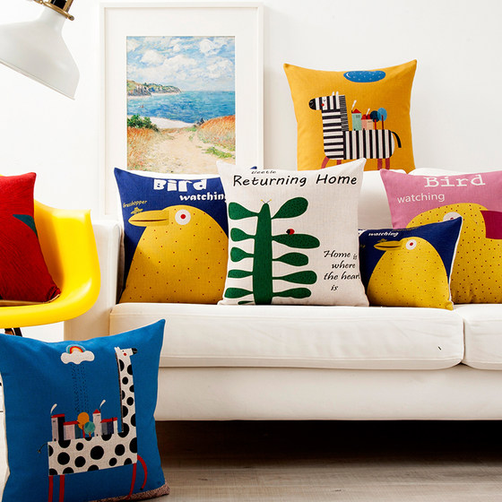 Nordic cute bird creative pillow cotton and linen sofa pillow cute cartoon cushion car lumbar pillow bedside bay window cushion