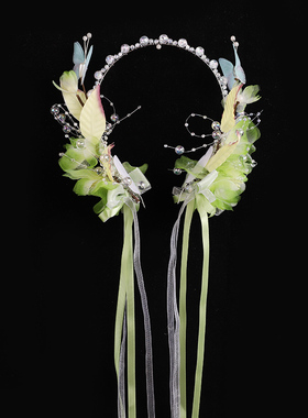 森系绿色花环发带珍珠蝴蝶花朵仙气头箍写真演出发饰COS头饰