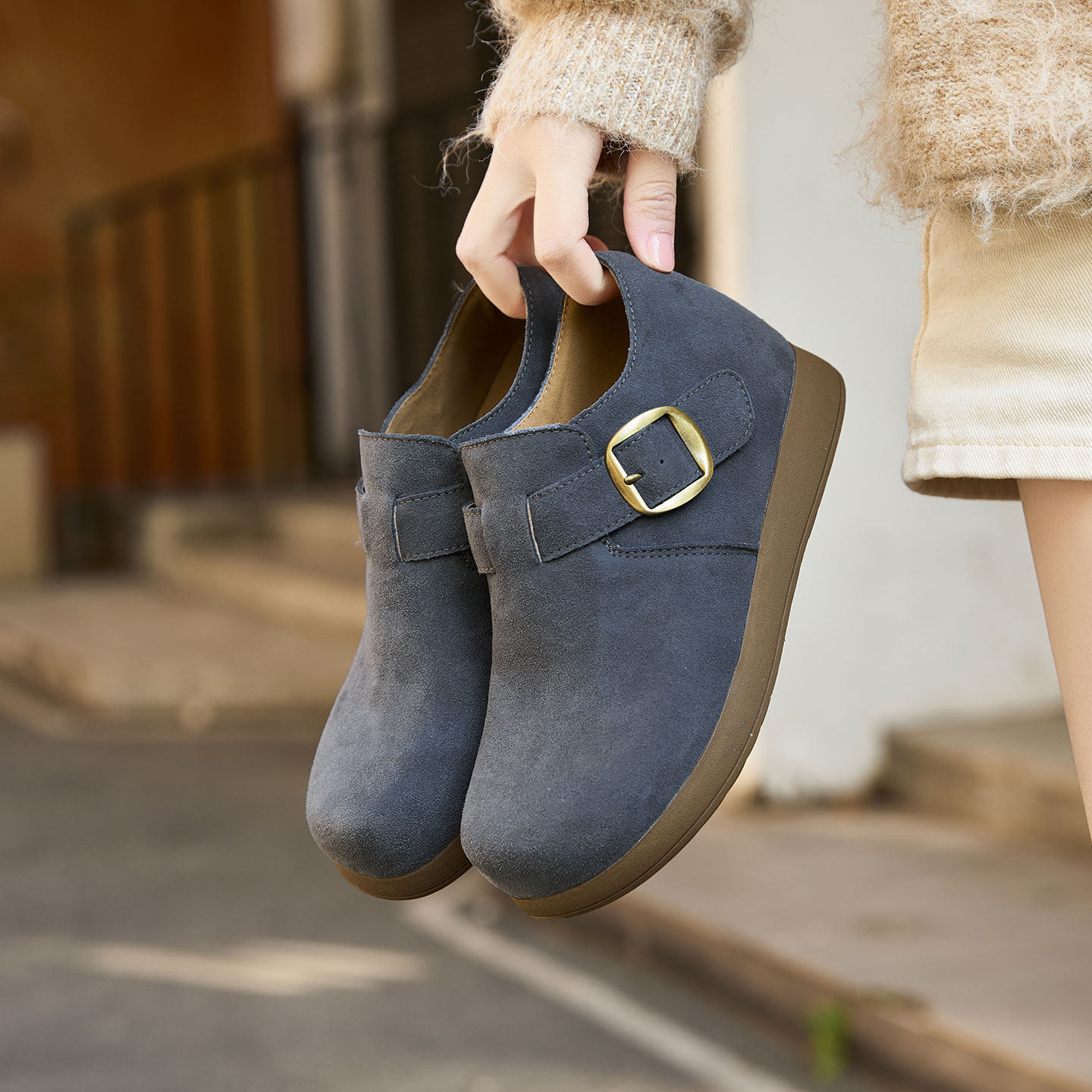 真皮勃肯鞋女厚底内增高女鞋2026新款豆豆鞋皮带扣休闲单鞋乐福鞋,淘宝优惠券,粉丝福利购,淘宝优惠卷