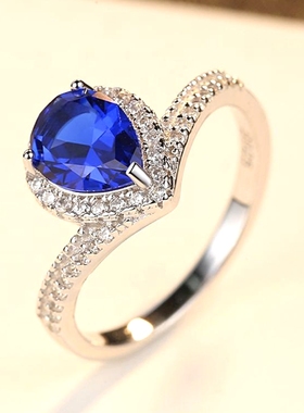 百搭纯银坦桑石戒指活圈女款水滴形蓝宝石镀白金戒指韩版时尚