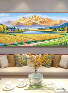 纯手绘简约聚宝盆油画日照金山丰收风景风水靠山沙发客厅装饰画