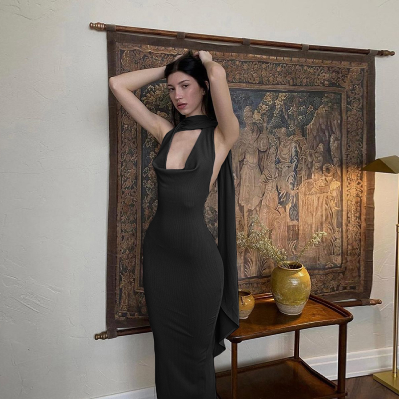 #Sisjuly# 高级感气质女神深V领飘带挂脖连衣裙女 性感显身材长裙 - 图1