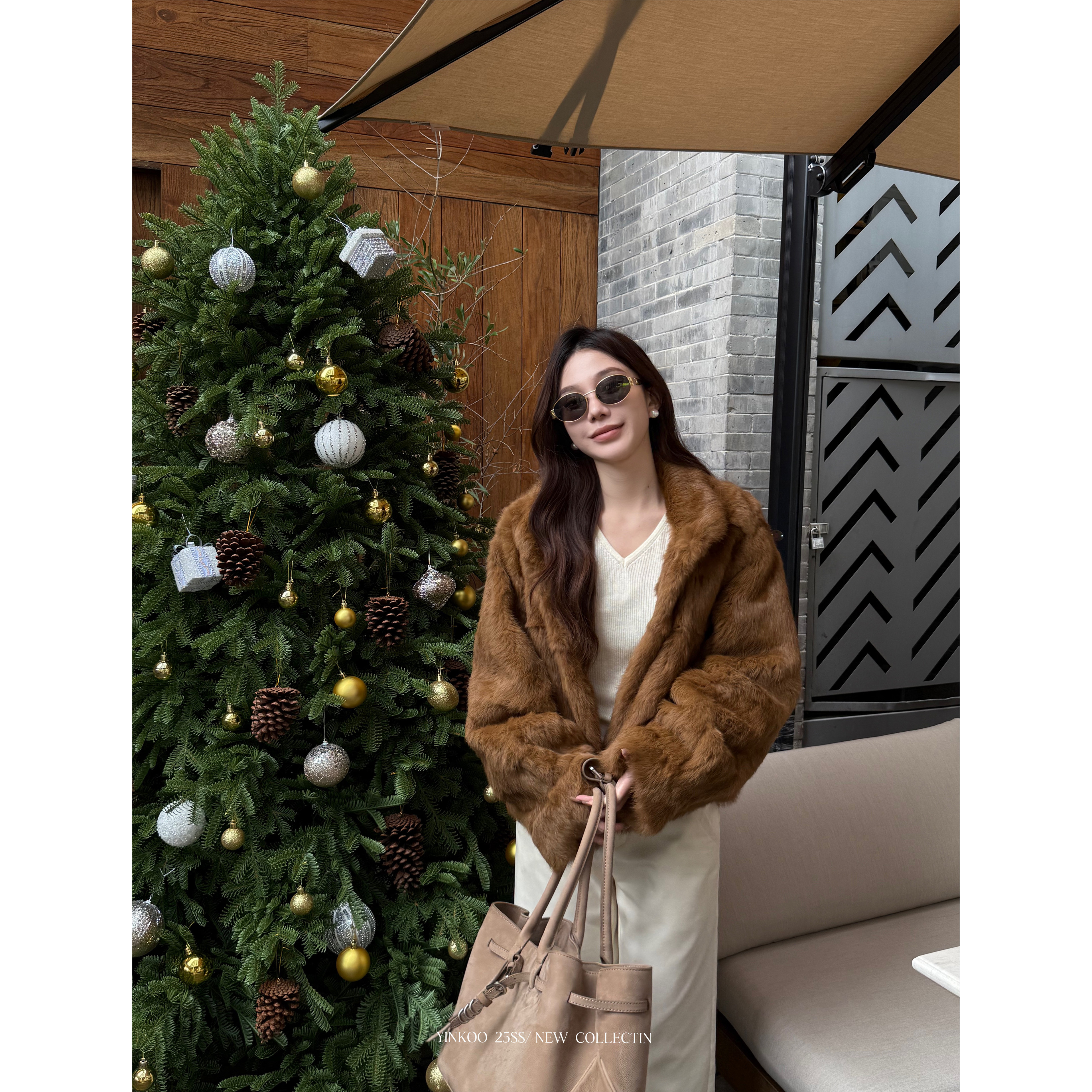 Yinkoo「上东老钱」全真兔毛皮草女棕色毛毛外套短款高级感 - 图1