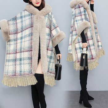 Xiaoxiangfeng ເປືອກຫຸ້ມນອກຂົນສັດ plaid ຫນາອົບອຸ່ນສໍາລັບແມ່ຍິງລະດູຫນາວກາງຍາວ tassel splicing knitted cloak ປະເພດເປືອກຫຸ້ມນອກ woolen