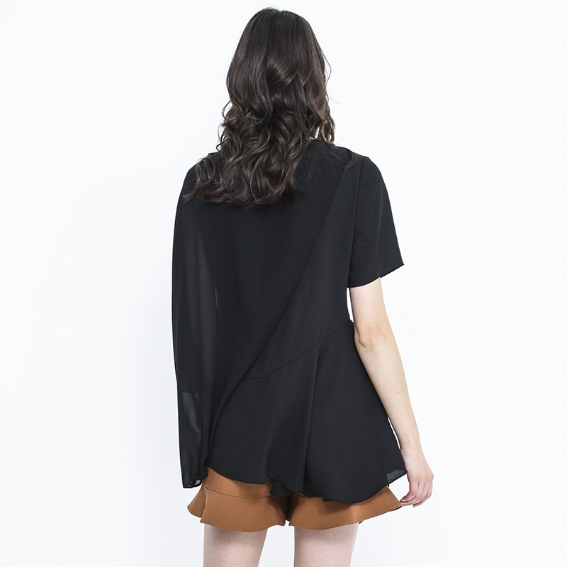 2020夏新原创设计感师款黑色雪纺衫 青菠萝金蛋挞原创设计女装蕾丝衫/雪纺衫