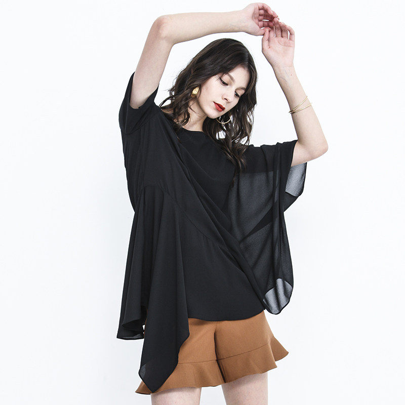 2020夏新原创设计感师款黑色雪纺衫 青菠萝金蛋挞原创设计女装蕾丝衫/雪纺衫