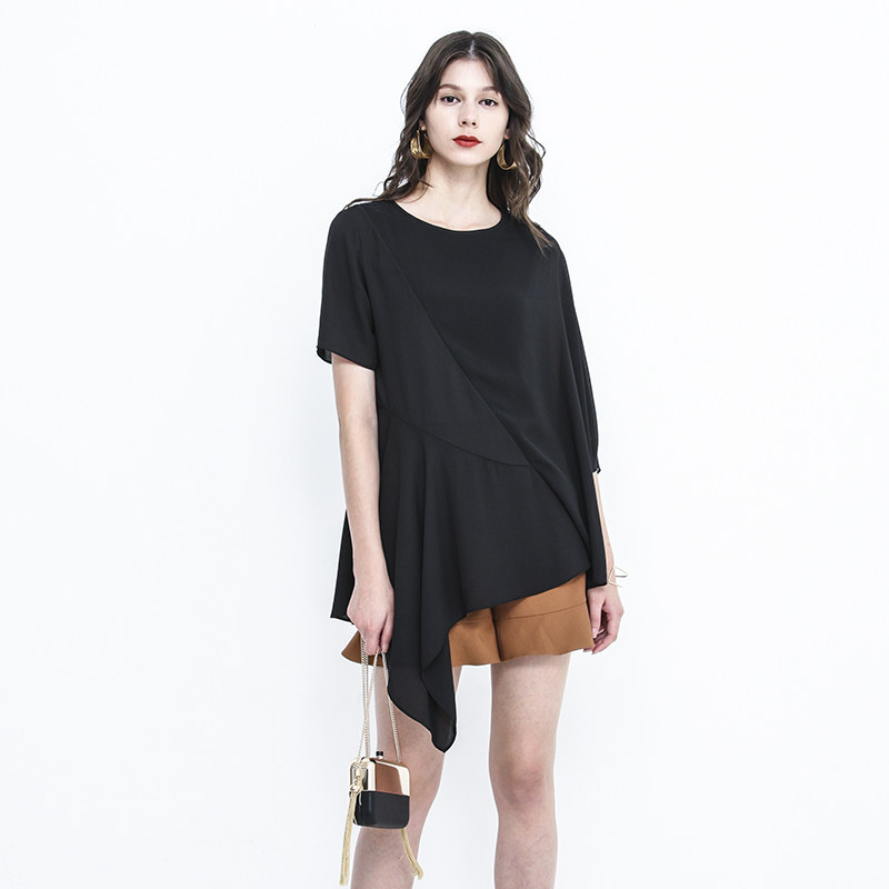 2020夏新原创设计感师款黑色雪纺衫 青菠萝金蛋挞原创设计女装蕾丝衫/雪纺衫