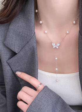 2026年新款闪锆满天星蝴蝶珍珠项链女轻奢小众高级感choker锁骨链