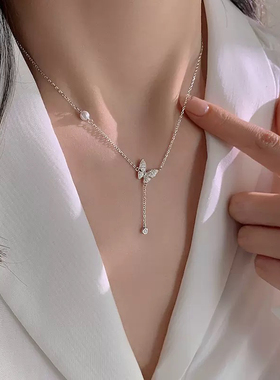 S925纯银满钻蝴蝶流苏项链法式浪漫风高级轻奢小众珍珠流苏锁骨链