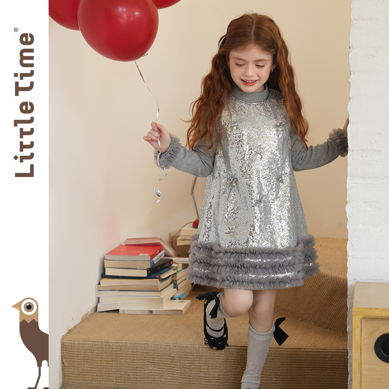 littletime女童连衣裙2025秋冬新款儿童韩版亮片蝴蝶结公主裙,淘宝优惠券,粉丝福利购,淘宝优惠卷