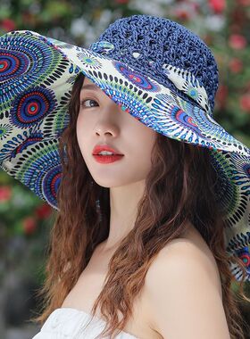 夏天新款大檐圆顶女海边防紫外线大沿沙滩太阳帽遮阳防晒草帽春游