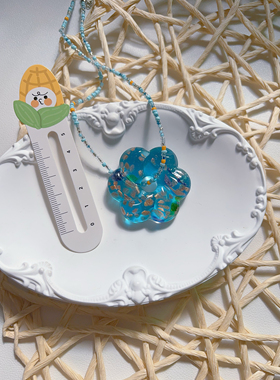 花珀爆闪空心花琉璃项链琉璃吊坠蓝色项链中古彩色串珠项链手作品