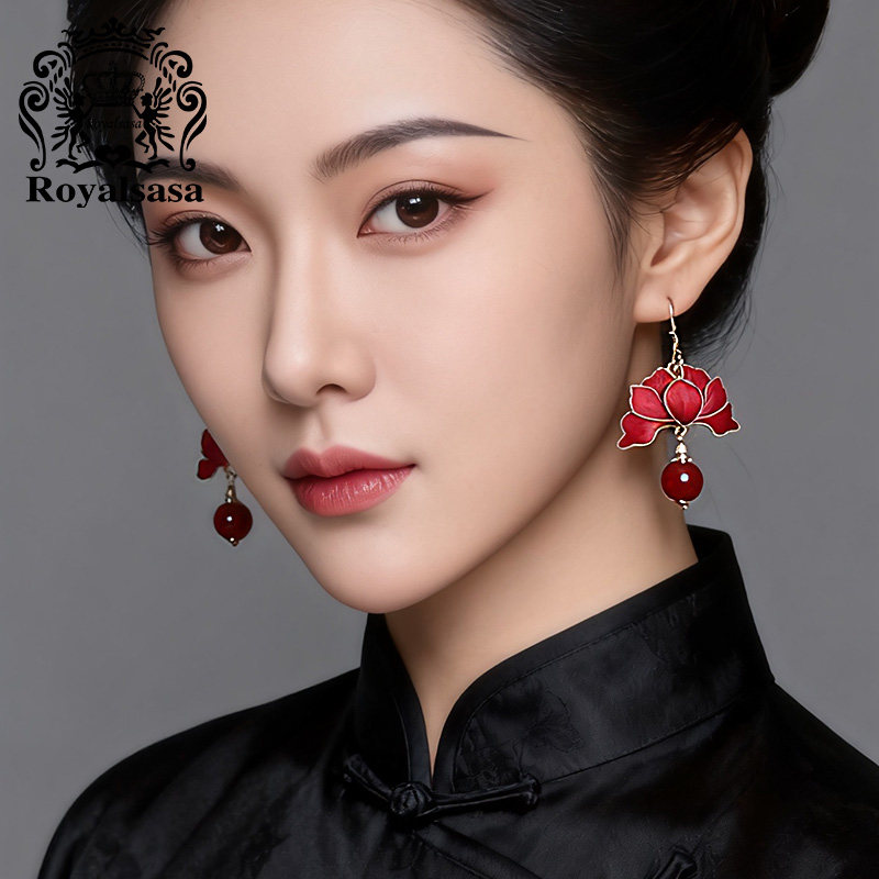 皇家莎莎手工掐丝绒花叶片耳饰红蓝莲花复古中式古典耳坠旗袍国风,淘宝优惠券,粉丝福利购,淘宝优惠卷