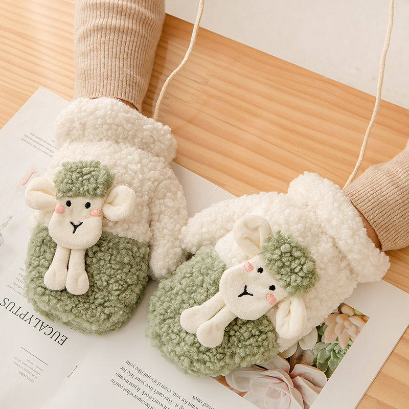 韩版可爱加绒加厚羊羔卡通冬季学生保暖挂脖ins棉包指女连指手套,淘宝优惠券,粉丝福利购,淘宝优惠卷