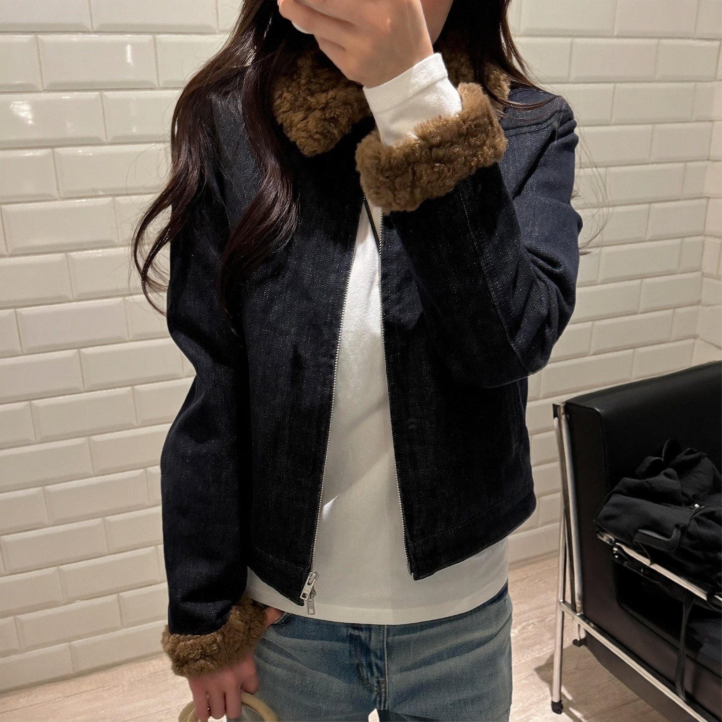 【现货】a*t丹宁拼接棉混纺黄色格纹短款H版型牛仔拼毛翻领外套女,淘宝优惠券,粉丝福利购,淘宝优惠卷