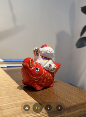 年年有余招财猫手工木雕小摆件卡通可爱办公室桌面装饰品喜庆礼物