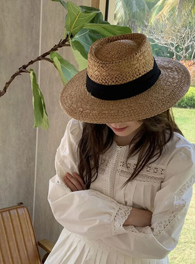 法式平顶草帽女夏季出游海边沙滩帽大檐防晒遮阳帽子草编复古礼帽