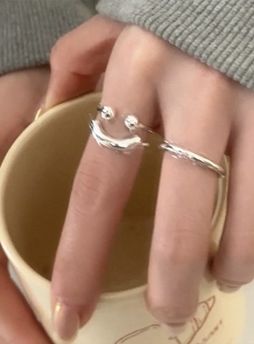 双层笑脸金属开口戒指女韩国小众复古个性简约百搭气质指环戒子