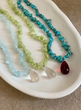 韩国博主fever同款不规则彩色天然石串珠水滴项链女颈链锁骨链