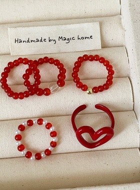 红色滴油爱心串珠弹力绳戒指女复古个性时尚通勤简约百搭指环戒子