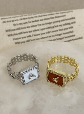 设计感方形钟表锆石链条开口戒指女小众个性时尚气质百搭指环戒子