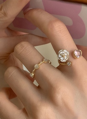 小众设计感锆石爱心滴油花朵猫眼石戒指女个性简约百搭气质指环