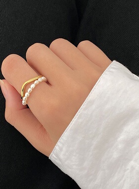 小众设计双层淡水珍珠金属戒指女韩国个性简约百搭气质时尚指环