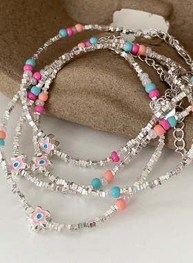 彩色串珠花朵碎银子金属手链女设计感小众个性简约百搭气质手饰