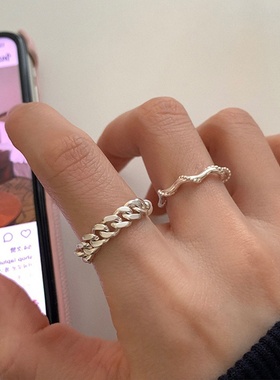 淡水珍珠链条金属戒指套装女小众复古个性简约百搭气质指环戒子