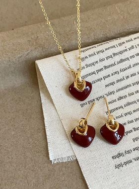 安可拉红滴油爱心项链耳钉女简约小众轻奢复古时尚百搭颈链毛衣链