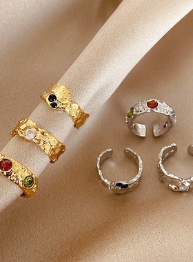 小众设计感不规则金属戒指女法式复古彩色锆石个性指环戒子冷淡风