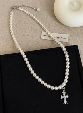 复古十字架吊坠珍珠项链手链女轻奢感时尚气质百搭颈链毛衣链